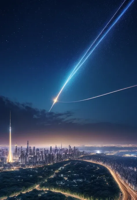 a shooting star over a city skyline, detailed night cityscape, dramatic lighting, beautiful glowing trails, cinematic composition, cinematic colours, dramatic atmosphere, sci-fi, hyper-realistic, intricate details, 8K, highest quality, masterpiece