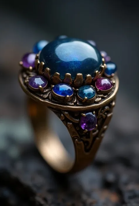 a bronze necromancers ring, with black opal, tanzanite, and benitoite in the center