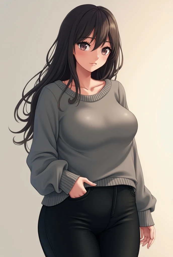 Beautiful anime Milf girl in a gray sweater and black pants with socks and big breasts and ass and a little fat