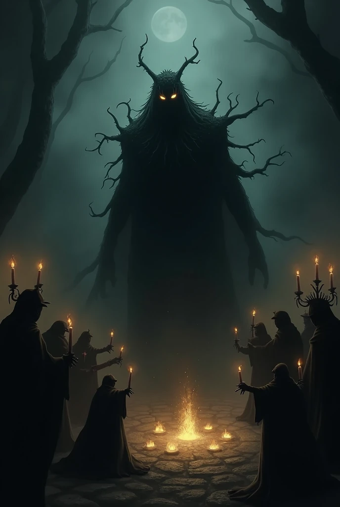 Create a dark and atmospheric illustration of Ehmore, the Old God of Nothing. He should appear as a shadowy, indistinct figure cloaked in swirling darkness, with faint hints of ancient symbols etched into his form. Surround him with an aura of dread and my...