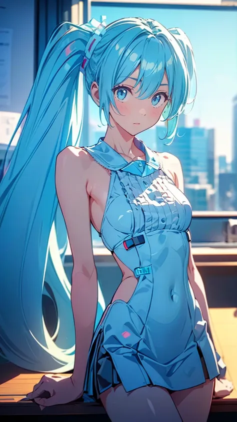 ( hatsune miku:1.3)、a woman with sleek, straight hair, dressed in a business suit, in a modern office setting, (model-like physi...