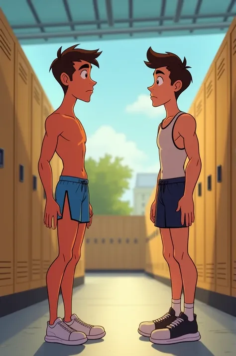  Animated young marathon runner wearing classic running shorts , short and daring ,  with side slits for the first time in front of his running best friend,  who looks amazed at your legs in the gym locker room .