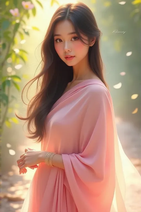 Cute girl, wear light pink sari, opened straight hair, wear bracelet in hand, 