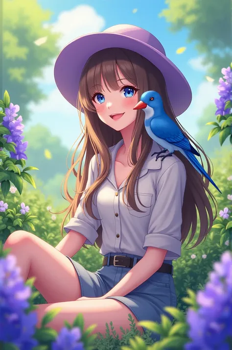 Capture the essence of nature and friendship in a vibrant outdoor scene. Depict a young woman with long, flowing hair, wearing a stylish lavender hat and a light blouse, smiling warmly. Shes sitting amidst lush greenery and blooming purple flowers, with a ...