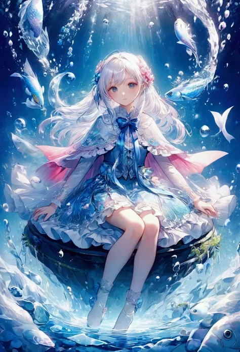 score_9, score_8_up, score_7_up, score_6_up, The image depicts an anime-style character seated in a serene, watery environment. The character is wearing an intricate outfit with a mix of white, blue, and pink colors. The clothing includes various details s...