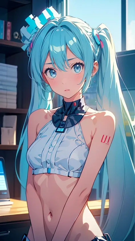 ( Hatsune Miku:1.3)、a woman with sleek, straight hair, dressed in a business suit, in a modern office setting, (model-like physique:1.3), between legs,　colorful, Realistic Skin, Attractive eyes, (1:1.2), beautiful, cute, (Perfect Body 1.2), (Realistic Anat...