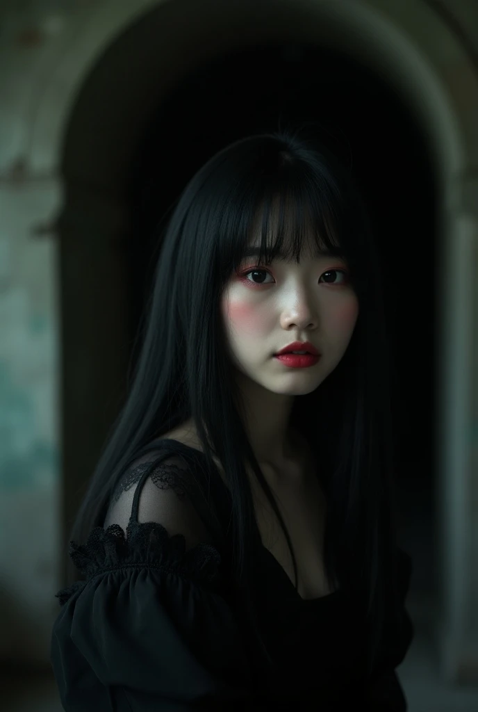  a 19-year-old girl , Black eyes blush ,  perfect lighting,  with long black hair with bangs ,  Her skin is fair environment is calm , Korean goth girl ,  red lips ,  with an old black dress lace details, In the abandoned dark castle  