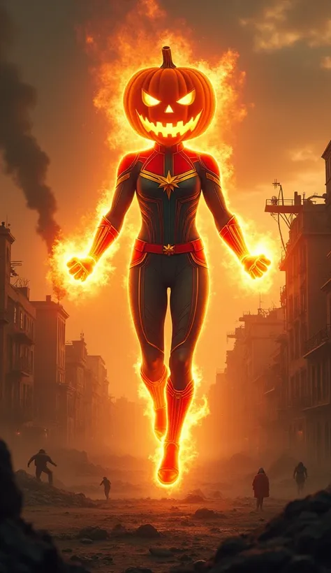 Captain Marvel Flashlight :  Captain Marvel becomes a terrifying cosmic entity ,  with a glowing pumpkin flashlight head that emits a Supernatural Glow.  Her fists glow with hellish energy as she floats over a devastated city ,  similar to a post-apocalypt...