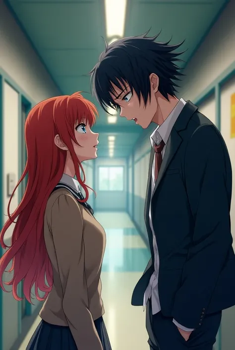 Josei anime style. A fantasy schoolgirl Anne with long red hair and in japanese school uniform standing in the school corridor. A very handsome tall schoolboy John with long black hair looks at her flirting, his eyes are big, blue and cunning, ge is standi...