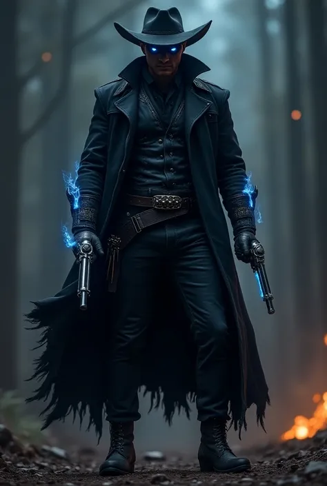 
A menacing gunslinger stands tall in a long, tattered black duster coat, its hem glowing with blue embers. The frayed coat enhances his ominous aura. Beneath it, sleek, matte-black tactical armor hugs his lean, muscular frame for maximum agility. His face...