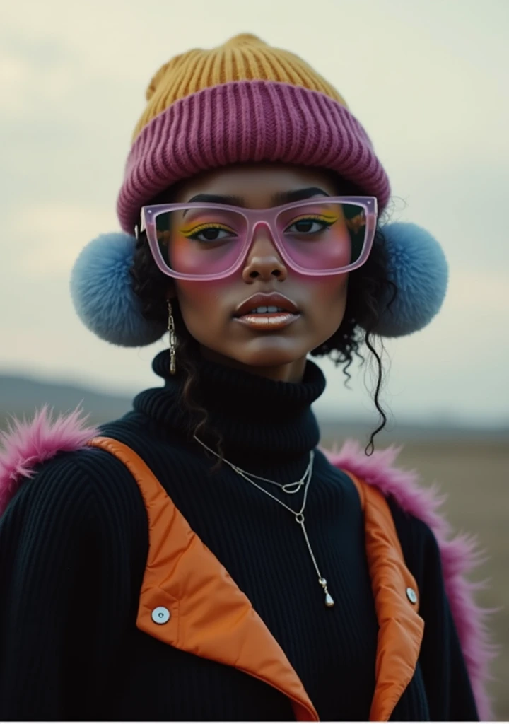 Image is a vibrant, high-fashion portrait featuring a person with deep brown skin and striking facial features. They are wearing oversized, translucent pink glasses that cover a significant portion of their face. The subjects eyes are accentuated with bold...