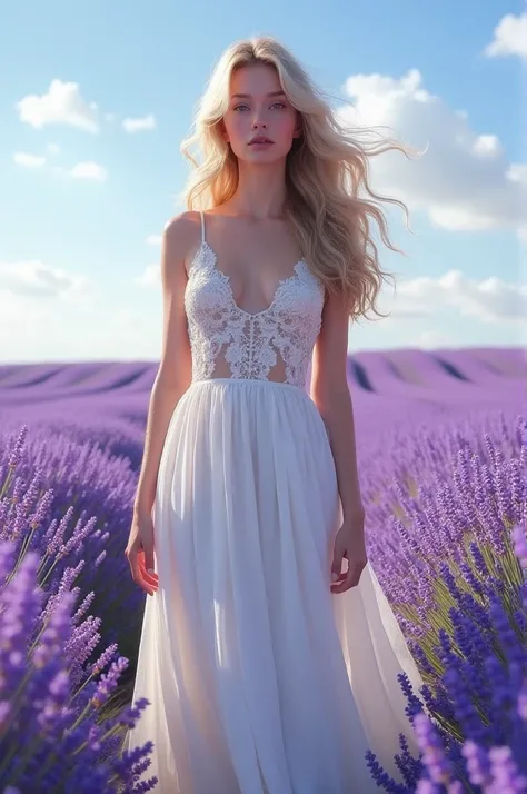 Design a photo-realistic portrait of a beautiful woman dressed in a flowing white gown, standing amongst a field of lavender. The sunlight catches the delicate details of her dress, creating a soft, ethereal glow.