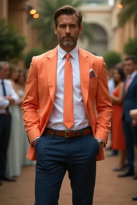 classy and confident man , Men&#39;s Clothing, white shirt, navy blue pants , Pantone orange salmon suit and tie without a suit and tie at a wedding