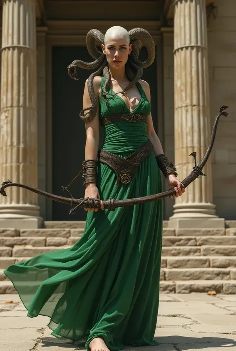 
Greek gorgon with a bow in her hands and a green dress in front of the ancient temple instead of hair she has several snakes in place of the curls of her bald head
