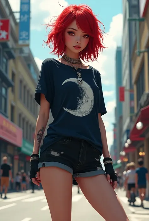 1 woman, red-haired, voluminous hair, messy, short, Marigenta colored eyes , white skin, perfect body, clothes:  a half-short skirt , loose skirt , Dark blue, black shirt,  drawing a waxing Moon on the shirt ,  she wears black and white sneakers , gloves o...