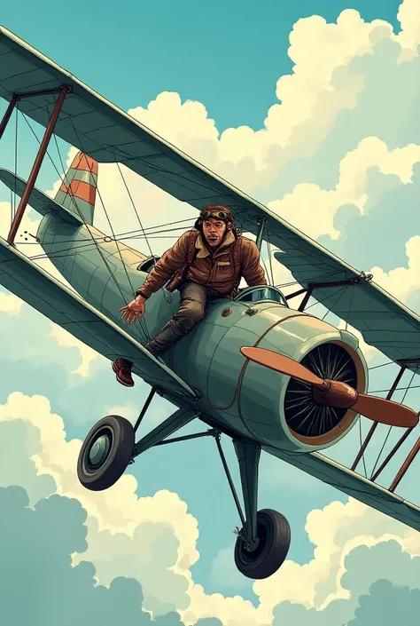 Create an image where a pilot in a 1930s plane is seen flying through the sky. The environment of the image must be from the 1930s. A comic book image  