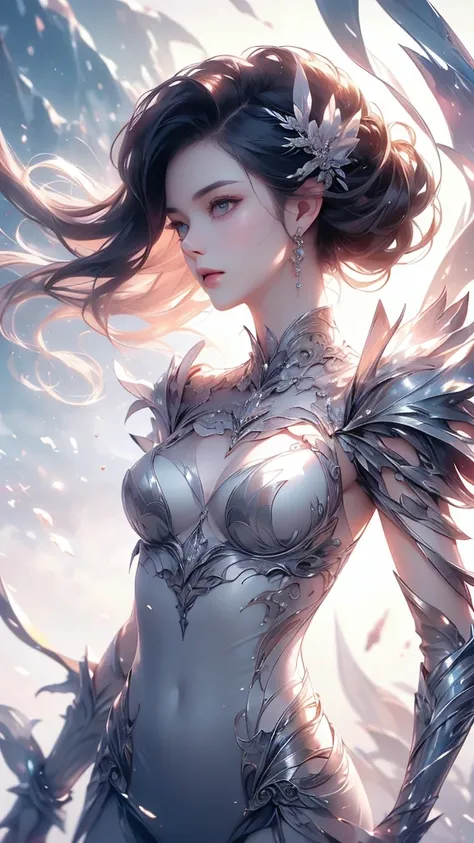 (((desktop))), ((( highest quality ))), (( is very detailed )), ( is very detailed 写真), (( Very delicate and beautiful )),( Cute and delicate face ),here is a digital art of a very futuristic looking female that has armor and armss, A girl, arms,  alone, S...