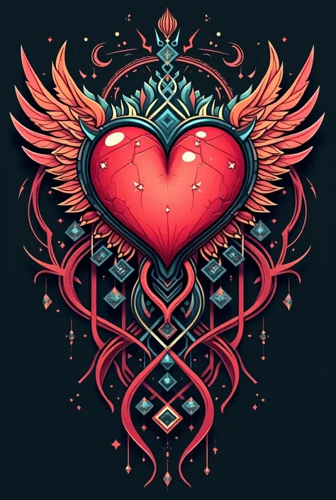 2000s style cyber tribal back tattoo design with jovial heart details