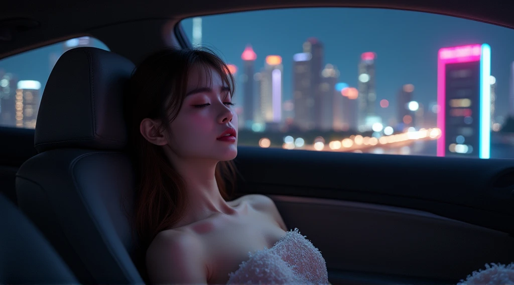 Panorama in the car, Chinese girl sleeping in the car, the seat is slightly reclined, She is wearing a modern transparent strapless dress to reveal her attractive bust, Attention to detail, Beautiful lip details, highly detailed eyelashes, long eyelashes, ...