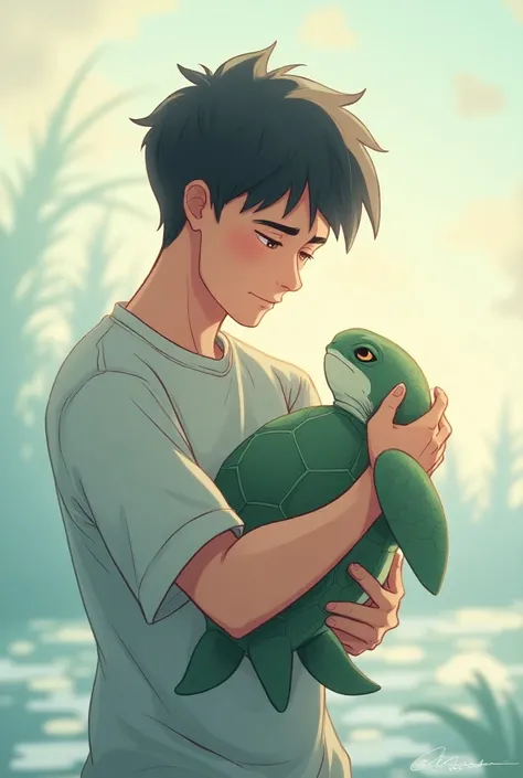 A man holding a sea turtle in his arms 2D anime-style animation
