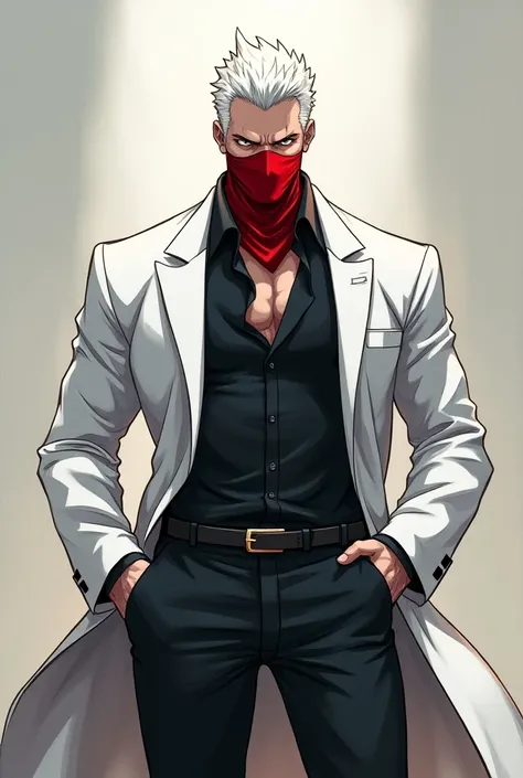 Tall man, white overcoat, strong physique, short white hair, red mask covering mouth and nose, white overcoat, tall, villain, serious, stylized anime art 