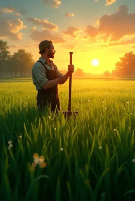 Morning Sunrise: A farmer standing in a lush green field at sunrise, holding a hoe, with dew on the grass.