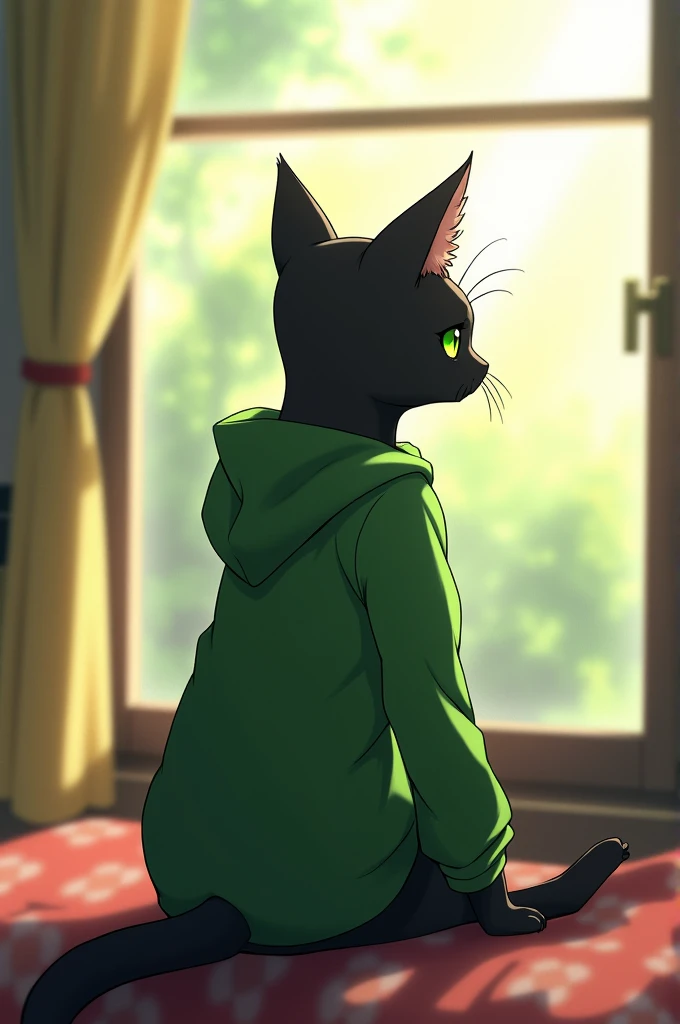 A green-eyed black cat in a green hoodie with his back to a window lit by sunlight in anime style