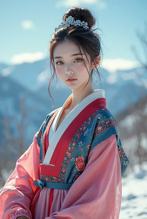   beautiful milky glass body 、 cute beautiful Japanese womans design  、  colorful light from the atmosphere gathers on women、 converges into the shape of the costume 、Im wearing a colorful Korean national costume 、Beautiful embroidery、Snowy mountain backgr...