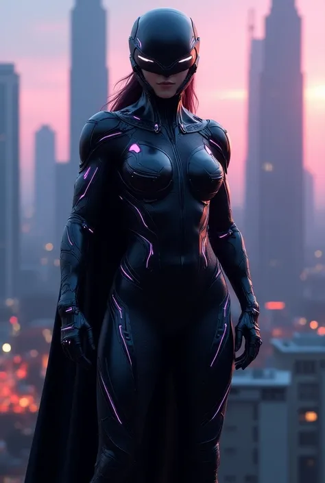 A highly detailed, 8K resolution image of a female superhero in India, wearing a sleek and futuristic suit. The suit is designed with high-tech elements and a modern aesthetic, featuring a blend of black and metallic silver, with accents of deep purple. Th...