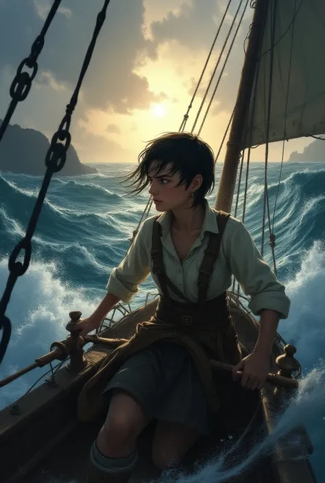 The navigator is a girl with short hair who leads the ship through a storm and rocks and the sun is shining in the distance