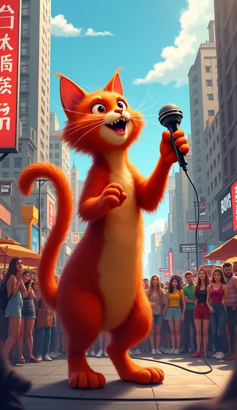 make a picture of a red cat singing on the side of the road and see many people against the background of the streets of the big city