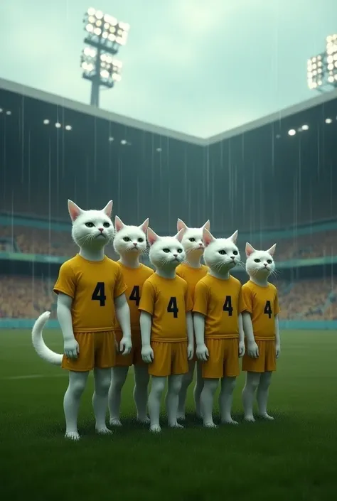 an anthropomorphic 5 white cats standing and crying water eyes on a soccer field, wearing a yellow soccer uniform with the number "4" on it. The cats has a muscular build. The stadium in the background features seats and floodlights, rain havy.