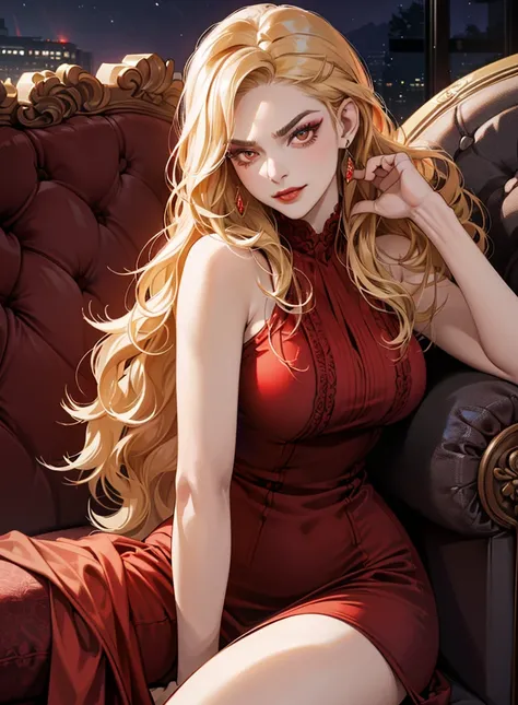 Ultradetailed face, portrait, dynamic angle, sitting on couch, night time, detailed shading, mature woman, ((heavy makeup)), ((red fit dress)), skinny, ((angry eyes)), ((evil smile)), ((long wavy hair)), wolf cut, red lips, blonde hair, pale skin, sexy wom...