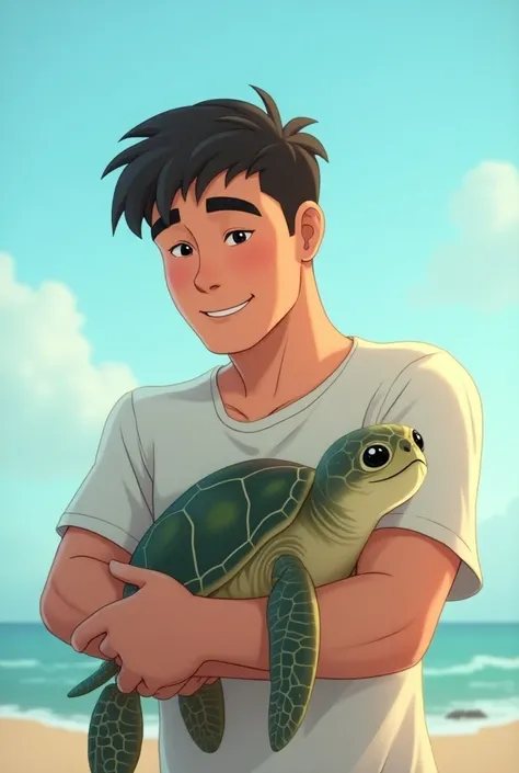 A man holding a sea turtle in his arms as if it were a baby 2D anime-style animation
