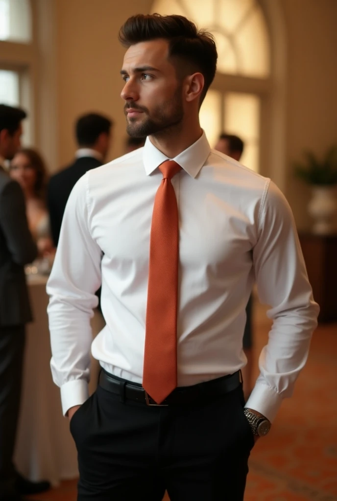 classy and confident man , Men&#39;s Clothing, white shirt, Black pants, And dark orange salmon tie at a wedding