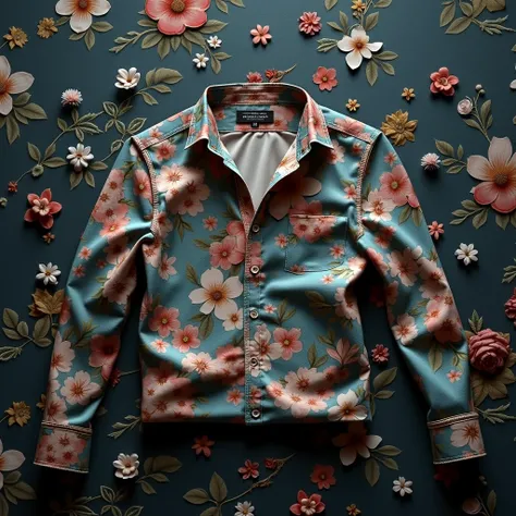 a beautiful detailed shirt with an intricate pattern, colorful flowers, elegant design, highly detailed, photorealistic, 8k, best quality, (realistic:1.4), botanical, vibrant colors, lush floral, delicate petals, dynamic composition, seamless repeat patter...