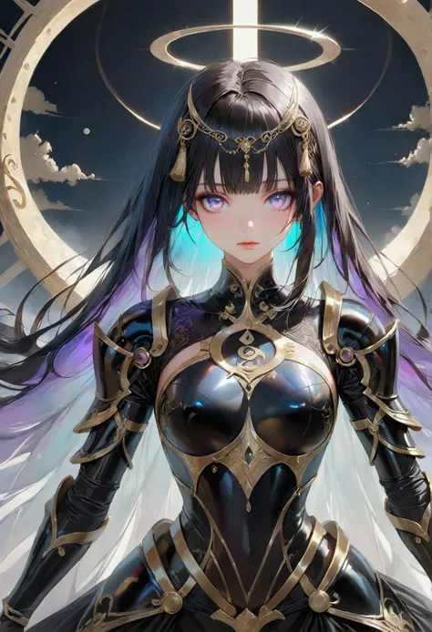 Long smooth straight black hair, inner dark iridescent hair, iridescent eyes,hourglass figure, standing in yinyang armour. masterpiece, super detail,detailed eyes, best quality, 8k,realistic