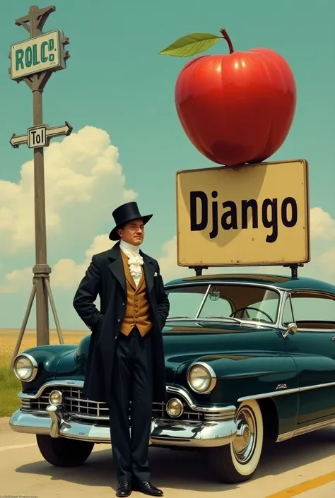 Deutsch Grammophon-style CD cover. The composer Giacomo Puccini in nineteenth-century clothes drives a Cadillac and is standing at a toll booth. On the roof of the car there is a sign advertising a giant apple. You can see a road sign with Django written o...