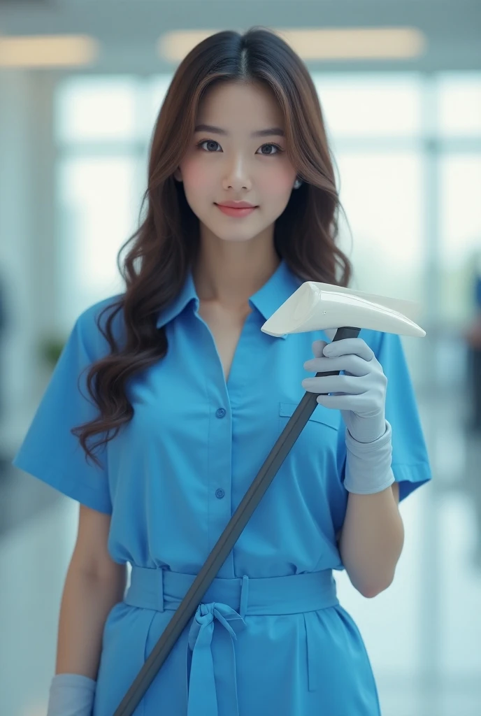  Beautiful girl with long wavy hair , uniform blue cleaning clothing ,  holding a white soda cleaning tool 