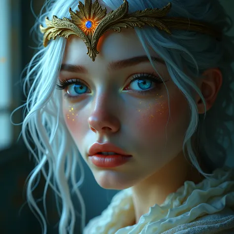  Close-up of a realistic woman with a serene look ,  where starlight reflects on her eyes ,  as if she were on a journey through space . The environment is old ,  with intense focus on the eyes .  Messy silver hair ,  heterochromia with a xanthochromia eye...