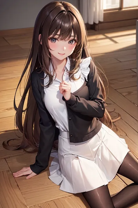 ( Best Quality, High Resolution ,8k,inelity detailed background, Masterpiece:1.2),beautiful girl,(Shiny brown hair:1.3),(long hair:1.2) messy hair, beautiful brown eyes,autumn,school uniform,Cardigan,miniskirt,black tights,(zettairyoiki:1.2),Gentle look,A ...