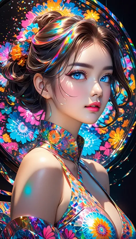 conceptual installation real fluorescent paint art, cute beauty, glossy silky half-up messy hair, makeup, lewd expression, cortesy, elegance, dignity, captivating eyes, curvaceous, various effects, BREAK iridescent mandalas, fluorescent magic circles, mirr...