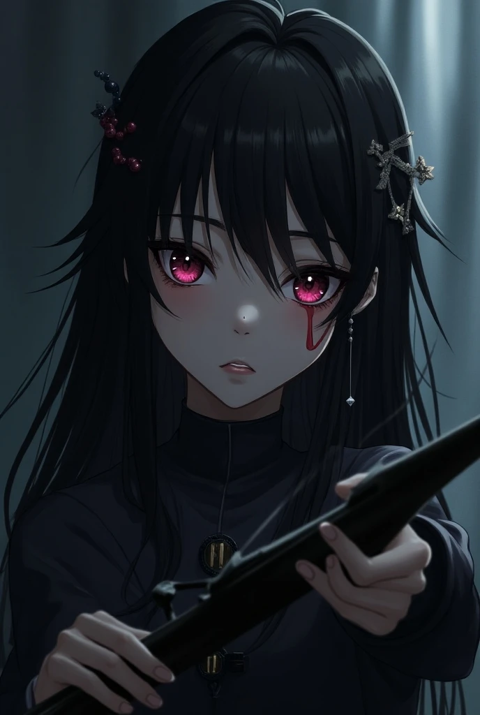 1girl, Solo, High Resolution, Long Hair, Black Hair, Hair Ornament, Red Eyes, Purple Eyes, Earrings, Masterpiece, High Resolution, Anatomically Correct, stalker, hand crossbow, shadowy, 