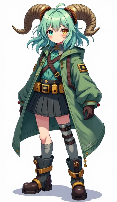 ((live 2D))  masterpiece, 1girl, full body, stands straight, steampunk clothes, military clothing, looking at viewer, detailed face, girl with green wavy hair, bangs, metal sheep horns, gradient hair, multicolored hair, light green hair, turquoise hair tip...