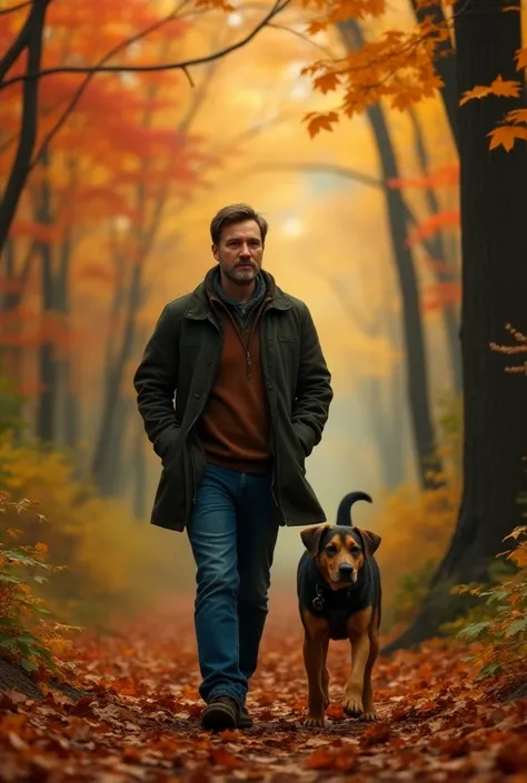 A man walking alone, walking hopelessly among the trees in autumn, a dog accompanies the man, realistic 2K ultra