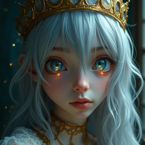  Close-up of a realistic woman with a serene look ,  where starlight reflects on her eyes ,  as if she were on a journey through space . The environment is old ,  with intense focus on the eyes .  Messy silver hair ,  heterochromia with a xanthochromia eye...