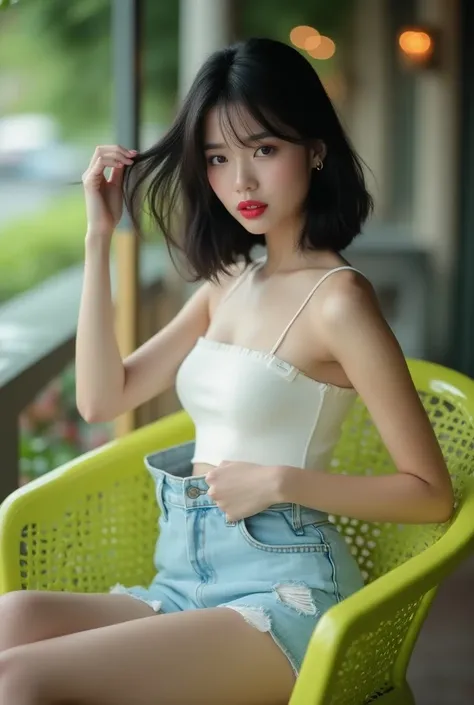 A photograph of a korean young woman, korean idol, sexy cute body, wearing brown tshirt and light blue ripped denim miniskirt, sitting crossed-legs, legs front below view, slightly side view, ((from below, low angle view)), liftskirt revealing white pantie...