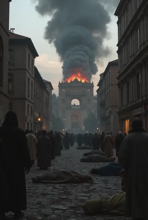 A city square in the grip of the Black Death, where streets are desolate, filled with bodies wrapped in cloth. In contrast, the Popes residence looms in the background, with thick columns of smoke rising from within. The fires continue to burn, keeping the...