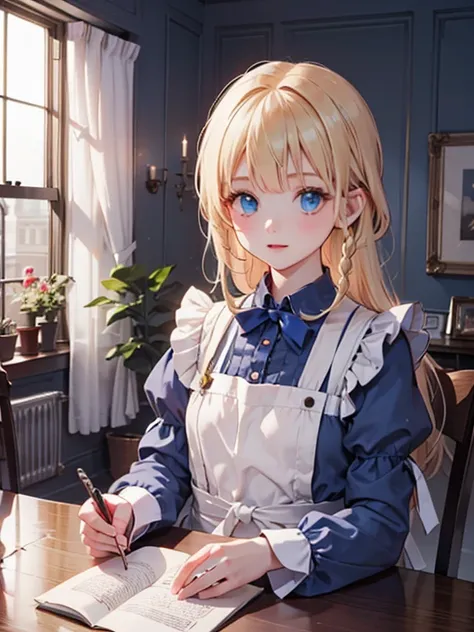 (8k, highest quality, Tabletop:1.2)、Ultra-high resolution、a teenage Alice in Wonderland, One , Detailed face、blue eyes, Blonde, Braid, Blue Dress, White apron, Clothes with bulging sleeves, A room full of clocks, A little dark room, Evening , Tea 