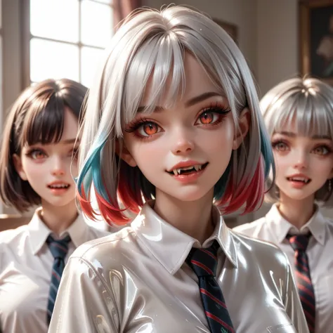 4 girls buttoned in extremely tight shiny silver latex blouse,necktie,medium hair, lens reflection, reflected light,  multicolor...